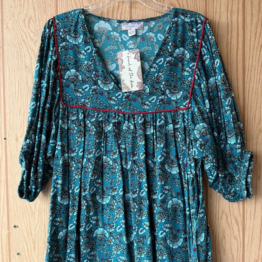 Band of the Free puff sleeve pocket short mini dress Aqua Teal floral BOG Small - Picture 8 of 16